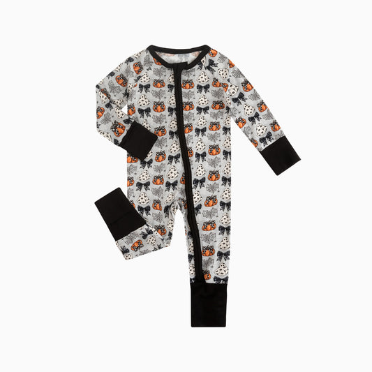 Halloween Pumpkin Bow Baby Bamboo Zipper Romper Pajamas bamboo clothing design - baby apparel bamboo clothing with custom design - baby wear front view