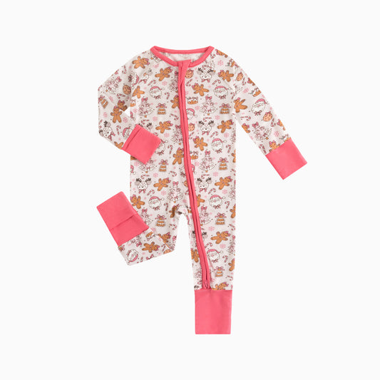 Christmas Gingerbread Man Pink Baby Bamboo Zipper Romper Pajamas bamboo clothing design - baby apparel bamboo clothing with custom design - baby wear front view