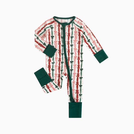Three Color Striped Bow Baby Bamboo Zipper Romper Pajamas bamboo clothing design - baby apparel bamboo clothing with custom design - baby wear front view