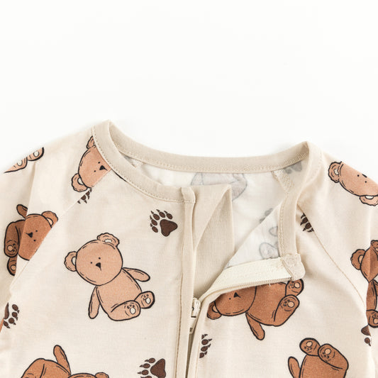 Cozy Beige Baby Bear Paw Print Bamboo Zip Up Romper bamboo clothing design - baby apparel bamboo clothing with custom design - baby wear front view