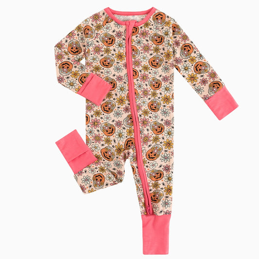 Halloween Pumpkins Flowers Baby Bamboo Zipper Romper Pajamas 1 bamboo clothing design - baby apparel bamboo clothing with custom design - baby wear front view