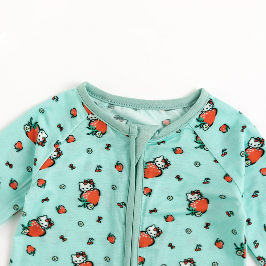 Green Strawberry Cat Baby Bamboo Zipper Romper Pajamas bamboo clothing design - baby apparel bamboo clothing with custom design - baby wear front view
