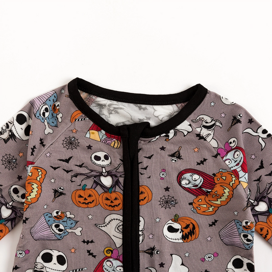Halloween Skeleton King Pumpkin Baby Bamboo Zipper Romper Pajamas bamboo clothing design - baby apparel bamboo clothing with custom design - baby wear front view