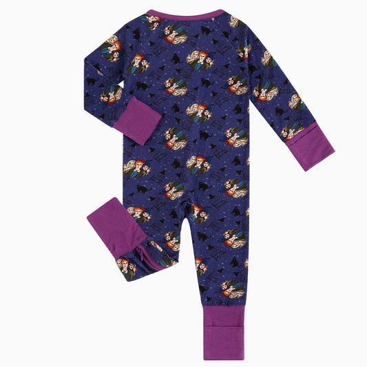 Halloween Witch Sisters Black Cat Baby Bamboo Zipper Romper Pajamas bamboo clothing design - baby apparel bamboo clothing with custom design - baby wear front view