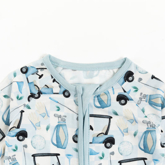 Blue Golf Adventure Bamboo Blue Sleeper bamboo clothing design - baby apparel bamboo clothing with custom design - baby wear front view