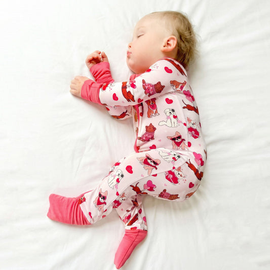Valentine Heart Puppy Cuddle Crew Pink Bamboo Zipper Romper Pajamas bamboo clothing design - baby apparel bamboo clothing with custom design - baby wear front view