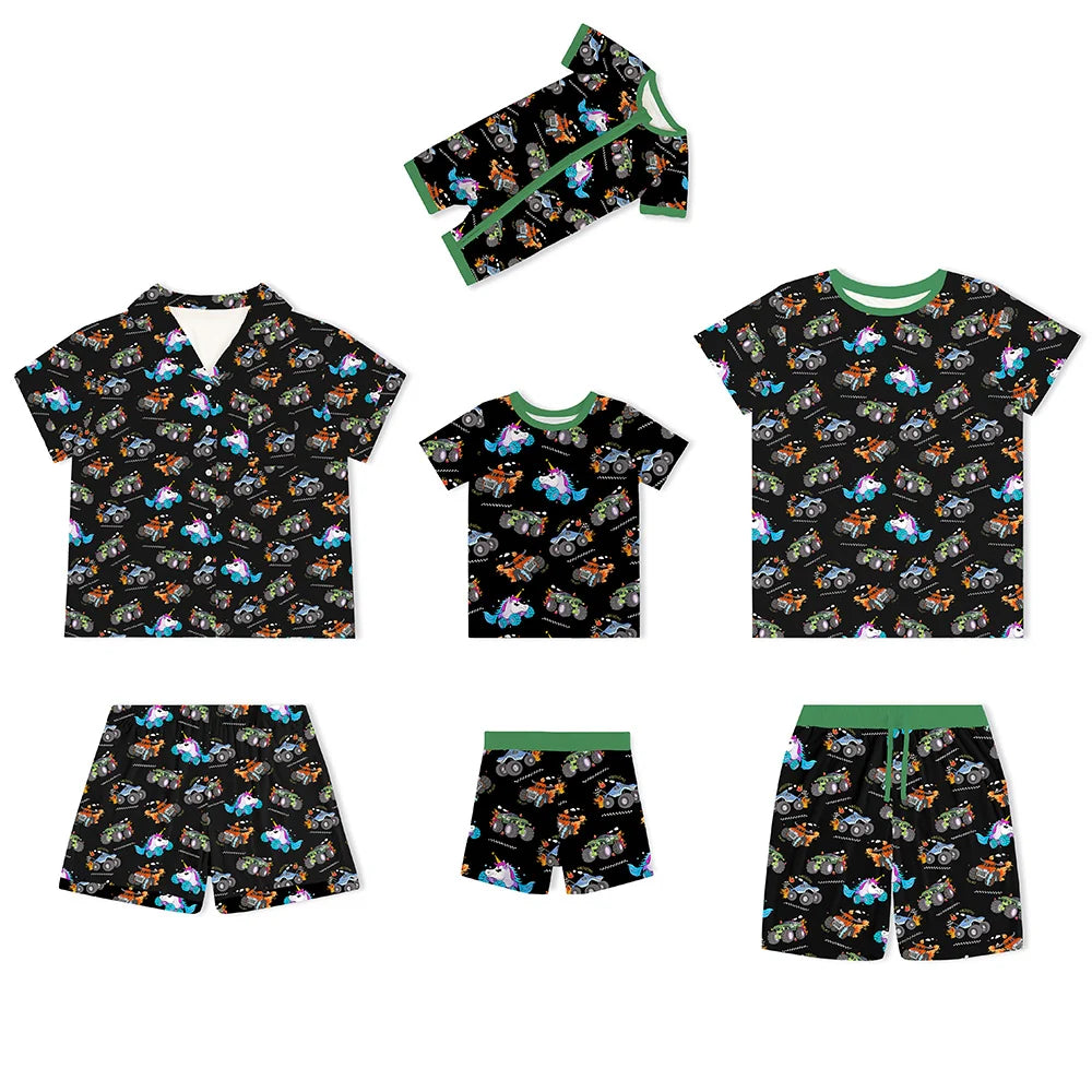 Monster Truck Green Bamboo Short Family Matching Pajamas