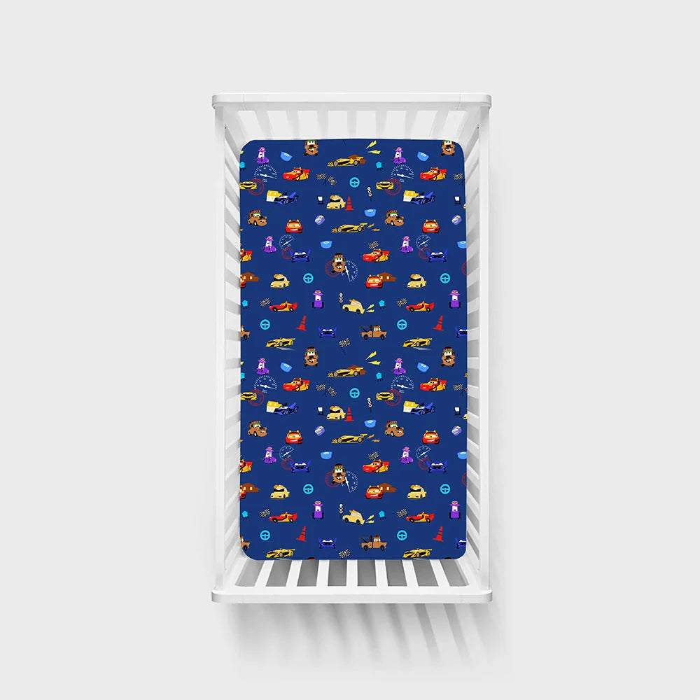 Race Car Cartoon Blue Bamboo Fitted Crib Sheet