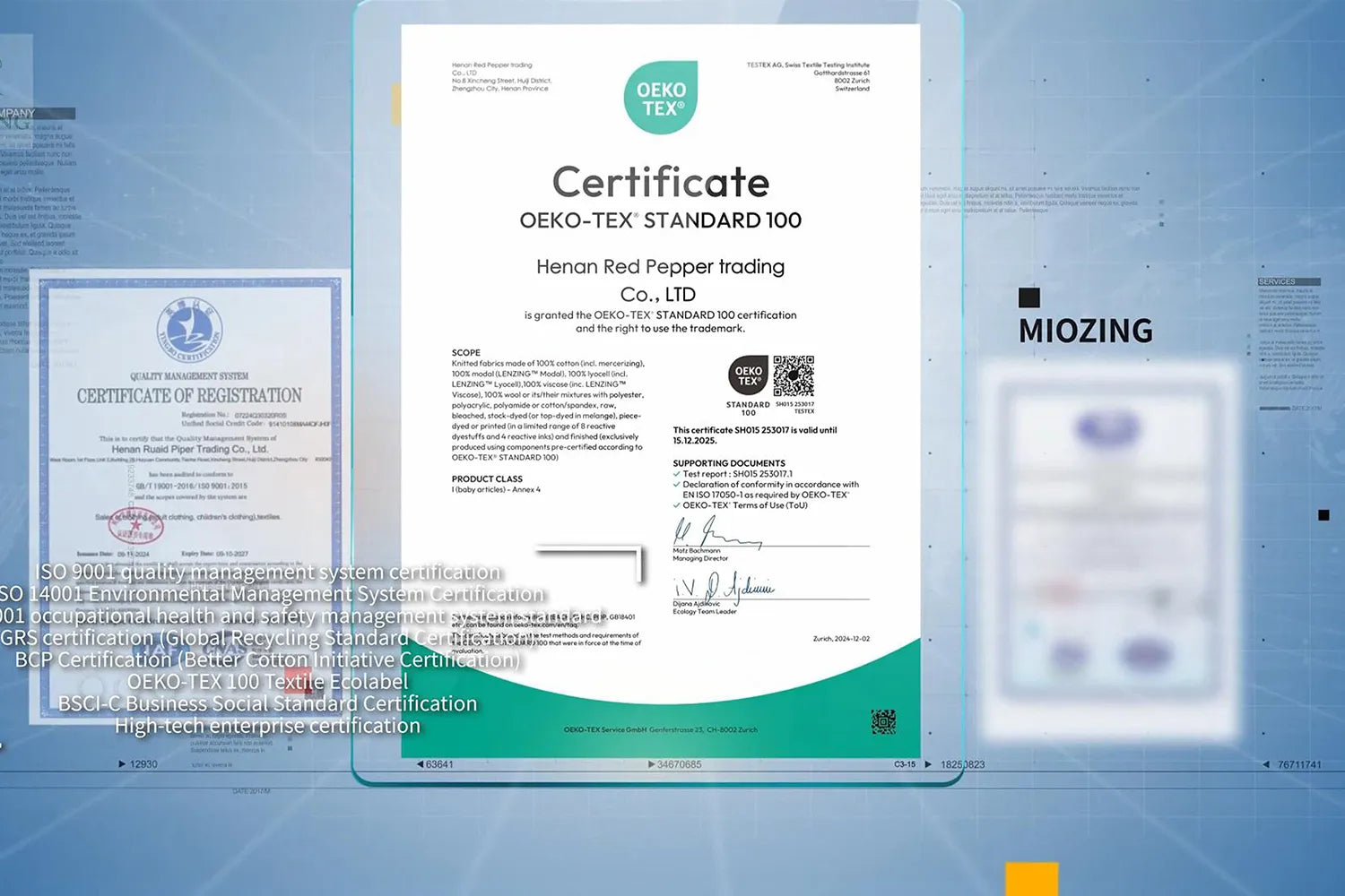 Miozing OEKO-TEX STANDARD 100 certified