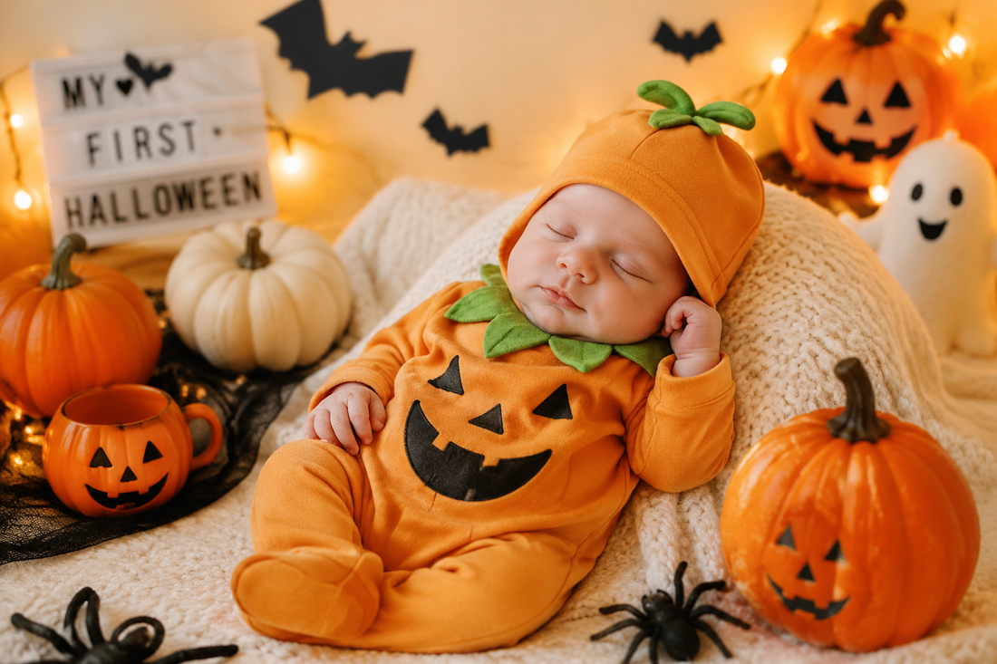 Newborn baby wearing a pumpkin Halloween onesie for first Halloween celebration