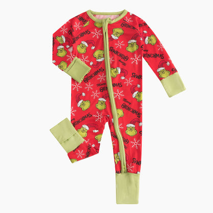 Christmas Snowflake Green Guy Bamboo Red Zipper Romper