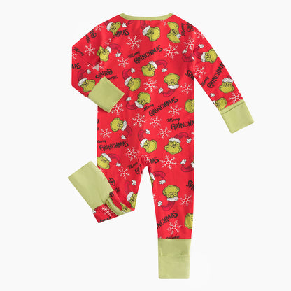 Christmas Snowflake Green Guy Bamboo Red Zipper Romper