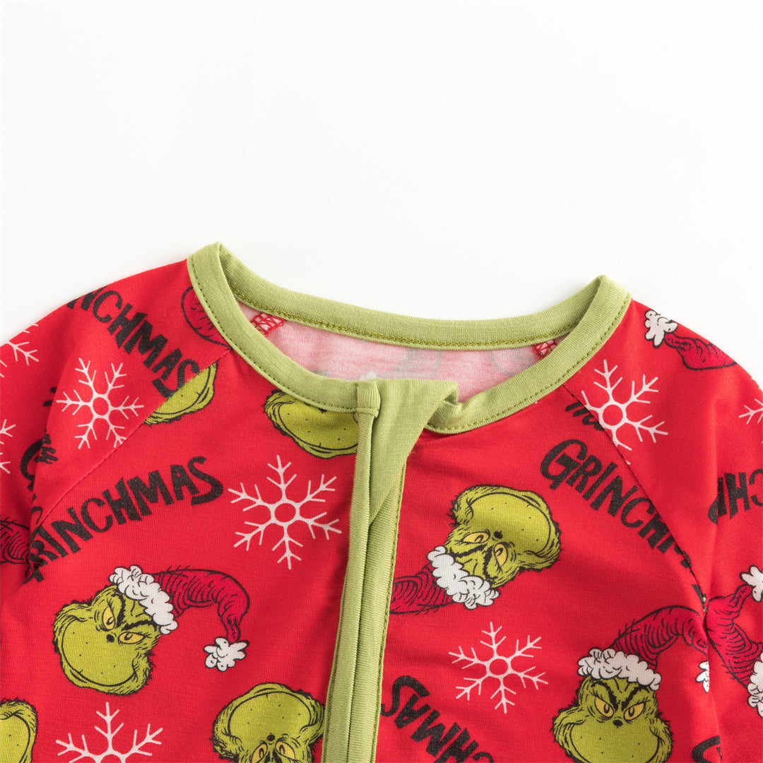 Christmas Snowflake Green Guy Bamboo Red Zipper Romper