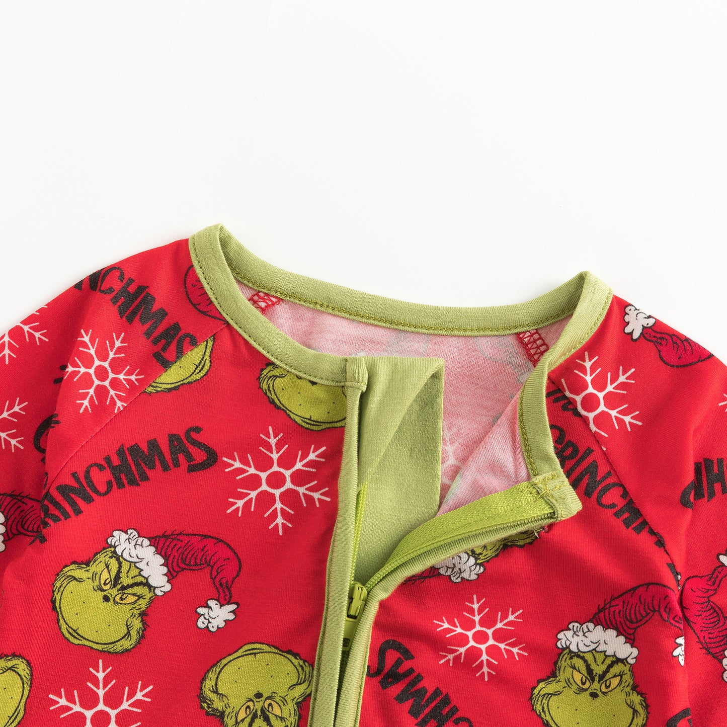 Christmas Snowflake Green Guy Bamboo Red Zipper Romper