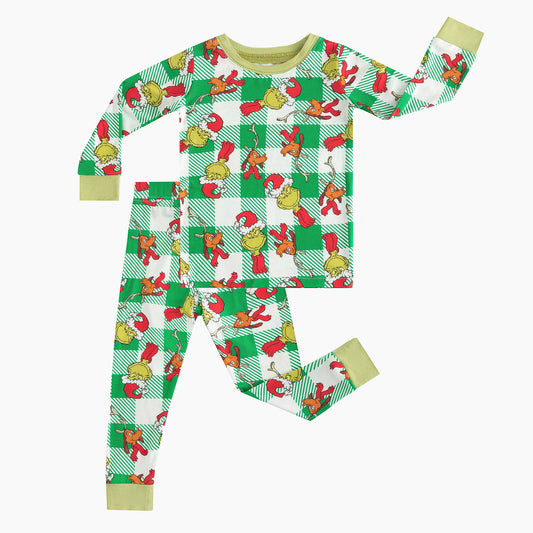 Christmas Plaid Green Guy Kids Bamboo 2 Pieces Pajama Set