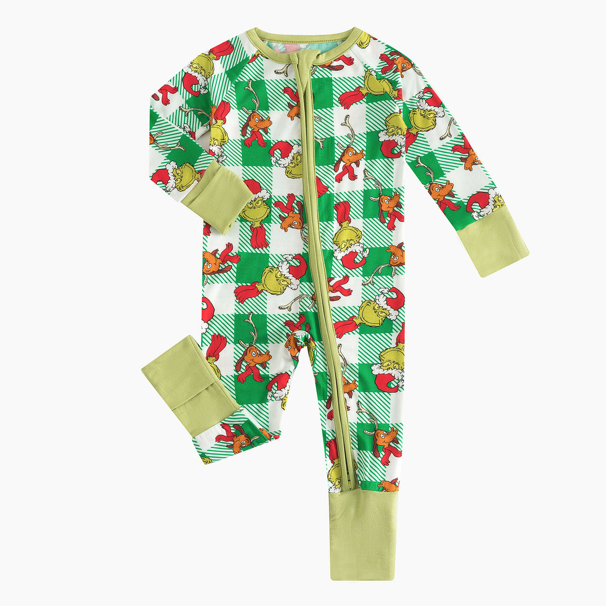 Christmas Plaid Green Guy Baby Bamboo Zipper Romper Pajamas