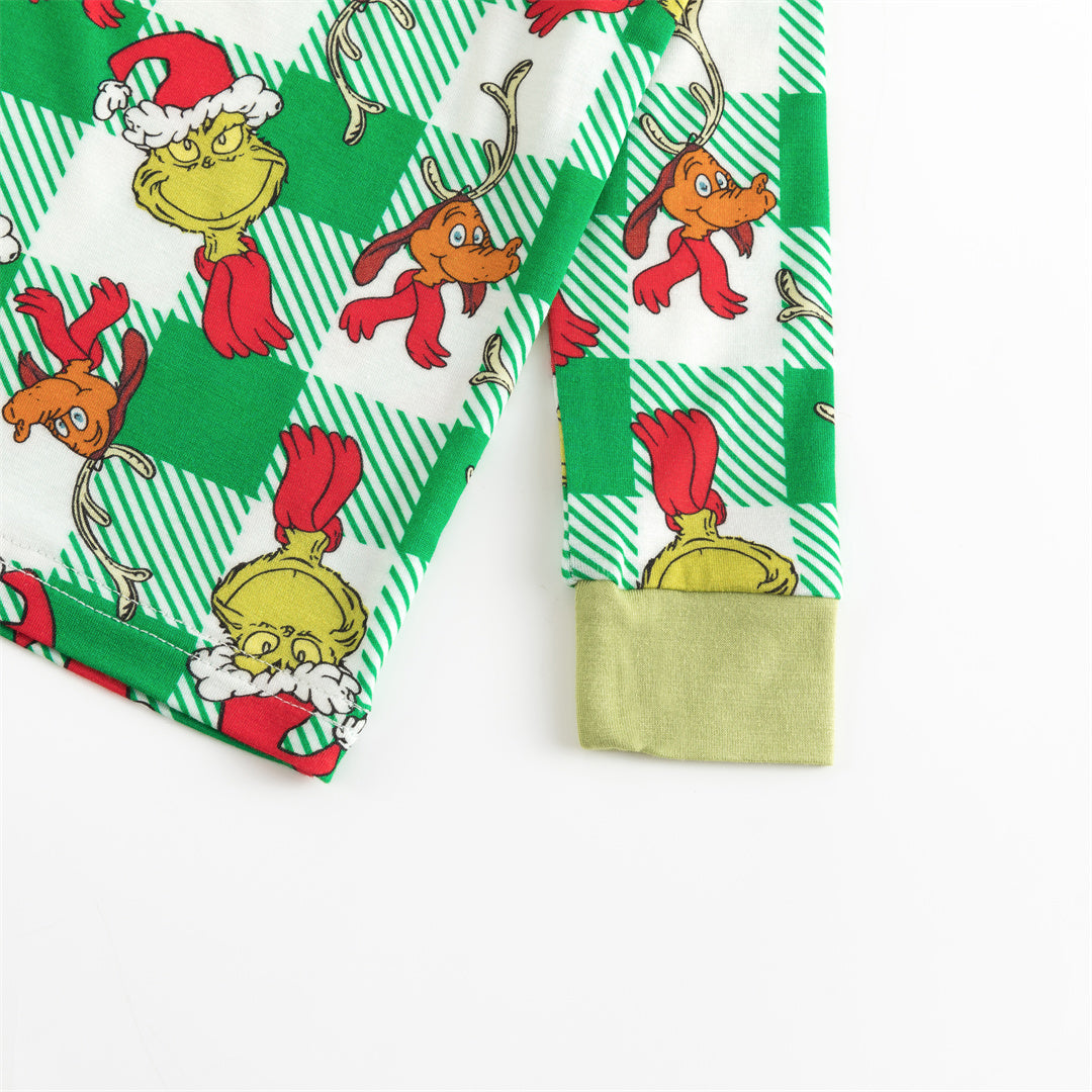 Christmas Plaid Green Guy Kids Bamboo 2 Pieces Pajama Set