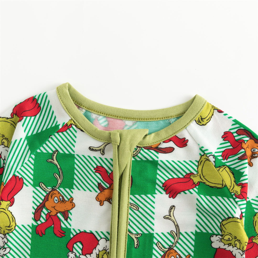 Christmas Plaid Green Guy Bamboo Red Zipper Romper