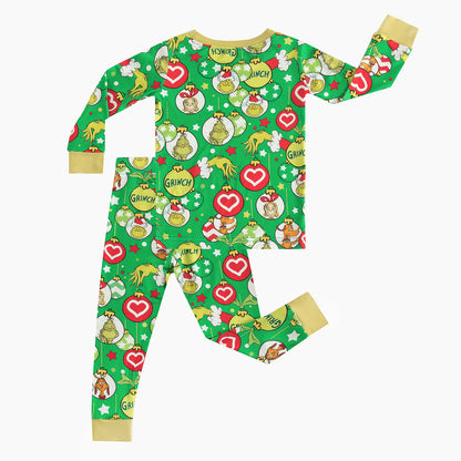 Christmas Green Guy Heart Kids Bamboo 2 Pieces Pajama Set