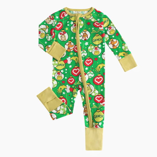 Christmas Green Guy Heart Bamboo Red Zipper Romper