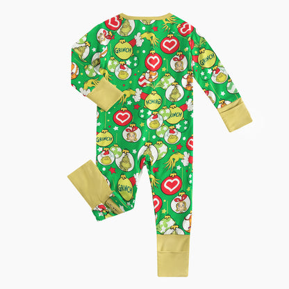 Christmas Green Guy Heart Bamboo Red Zipper Romper