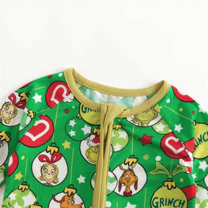 Christmas Green Guy Heart Bamboo Red Zipper Romper