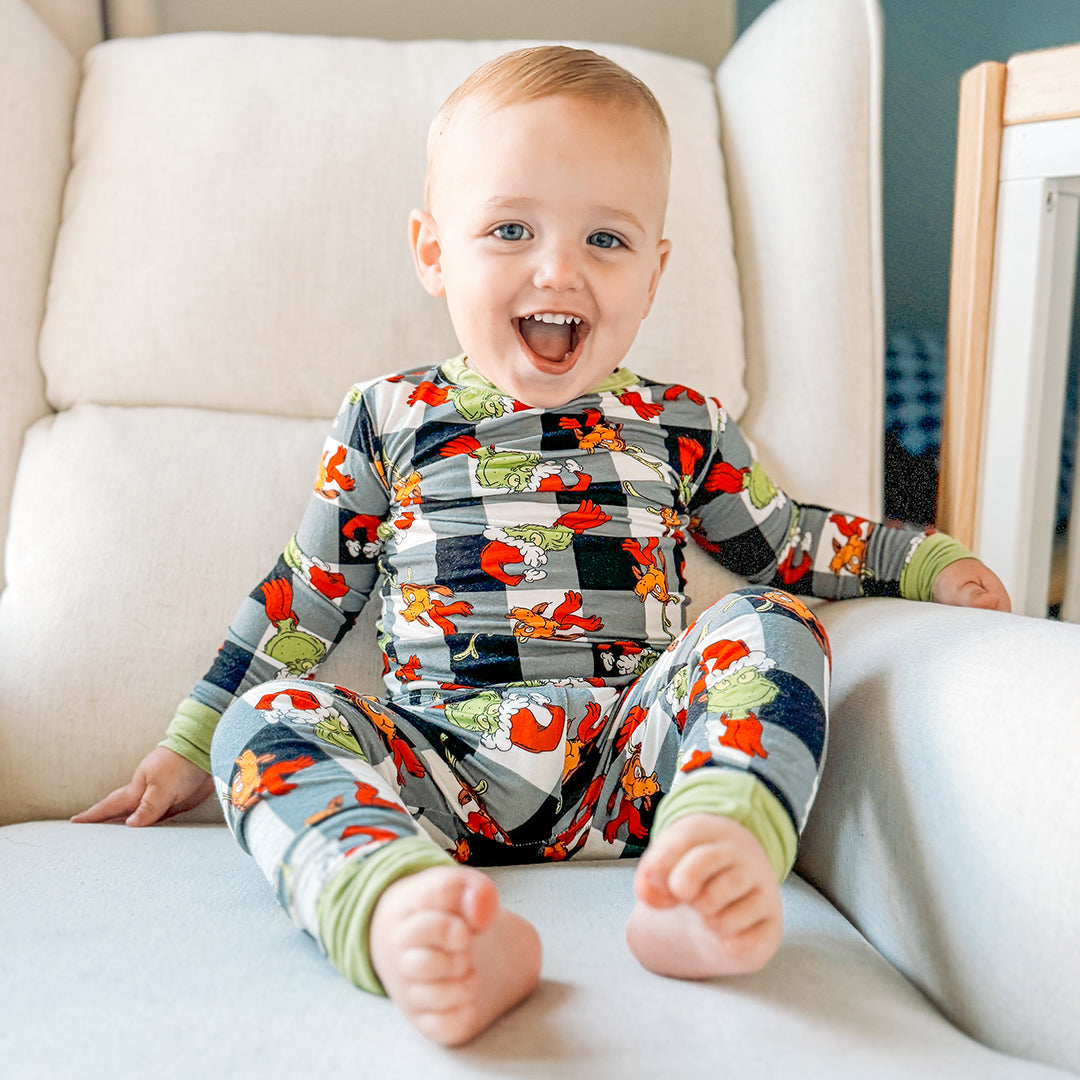 Christmas Green Guy Plaid Kids Bamboo Long Pajama Set
