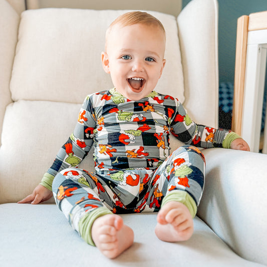 Christmas Green Guy Plaid Kids Bamboo Long Pajama Set