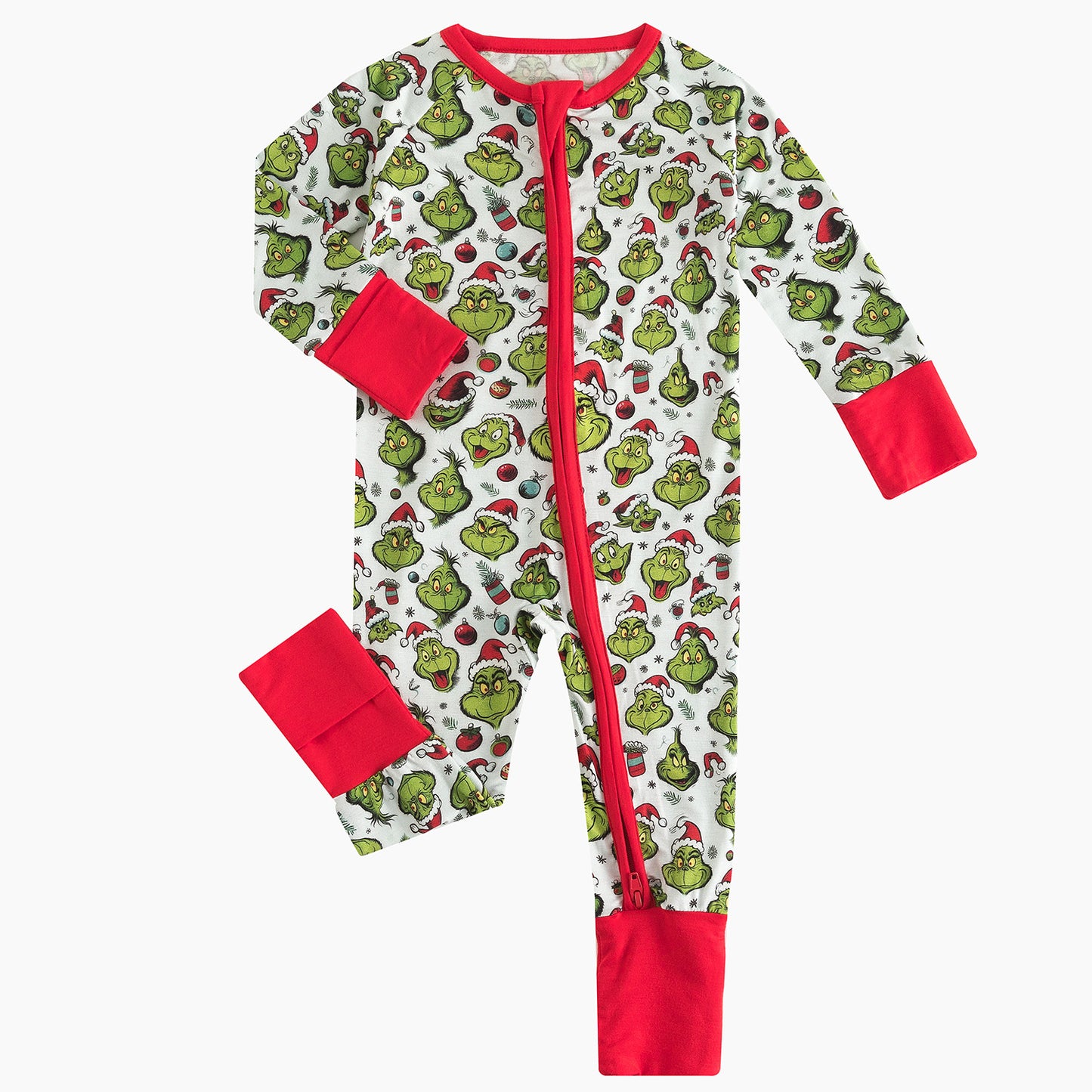 Christmas Green Guy Christmas hat Bamboo Zipper Romper