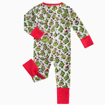 Christmas Green Guy Christmas hat Bamboo Zipper Romper