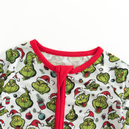 Christmas Green Guy Christmas hat Bamboo Zipper Romper