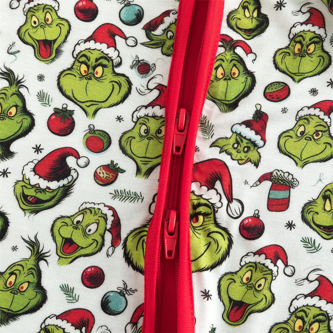 Christmas Green Guy Christmas hat Bamboo Zipper Romper