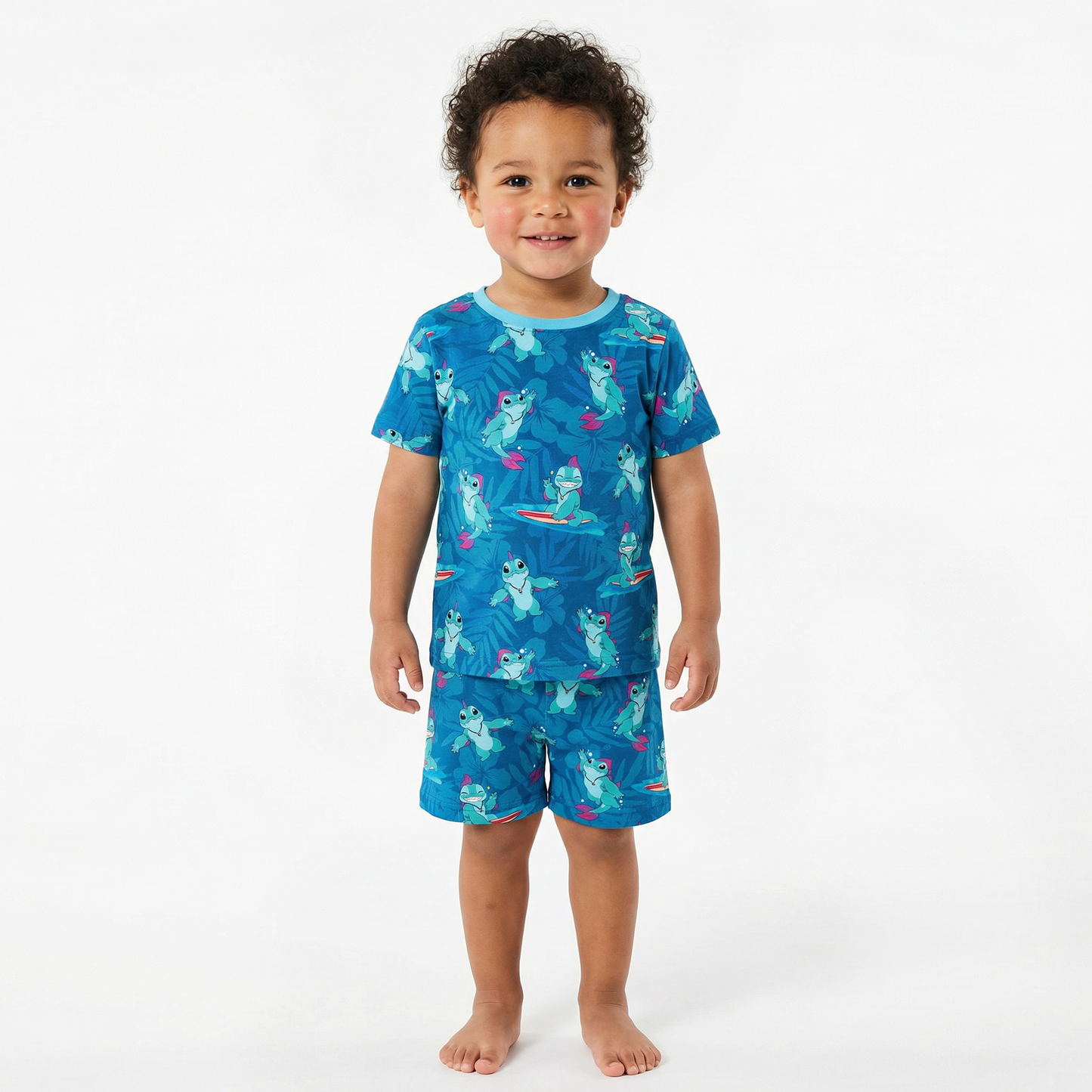 Surfing Dino Ocean Island Kids Bamboo Two-Piece Pajama Short Sleeve Set