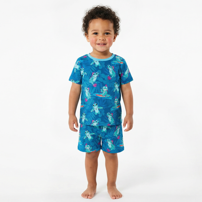Surfing Dino Ocean Island Kids Bamboo Two-Piece Pajama Short Sleeve Set