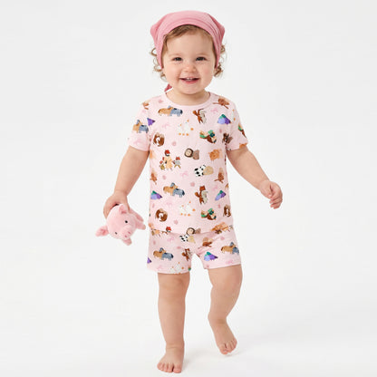 Mother's Day Sweet Farm Friends and Hearts Bows Kids Bamboo Two-Piece Pajama Short Sleeve Set