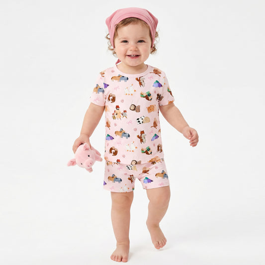 Mother's Day Sweet Farm Friends and Hearts Bows Kids Bamboo Two-Piece Pajama Short Sleeve Set