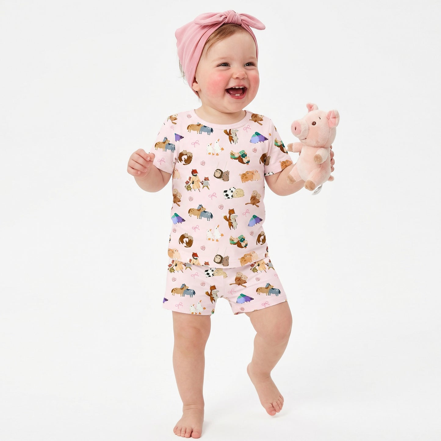 Mother's Day Sweet Farm Friends and Hearts Bows Kids Bamboo Two-Piece Pajama Short Sleeve Set