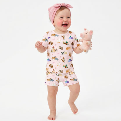 Mother's Day Sweet Farm Friends and Hearts Bows Kids Bamboo Two-Piece Pajama Short Sleeve Set