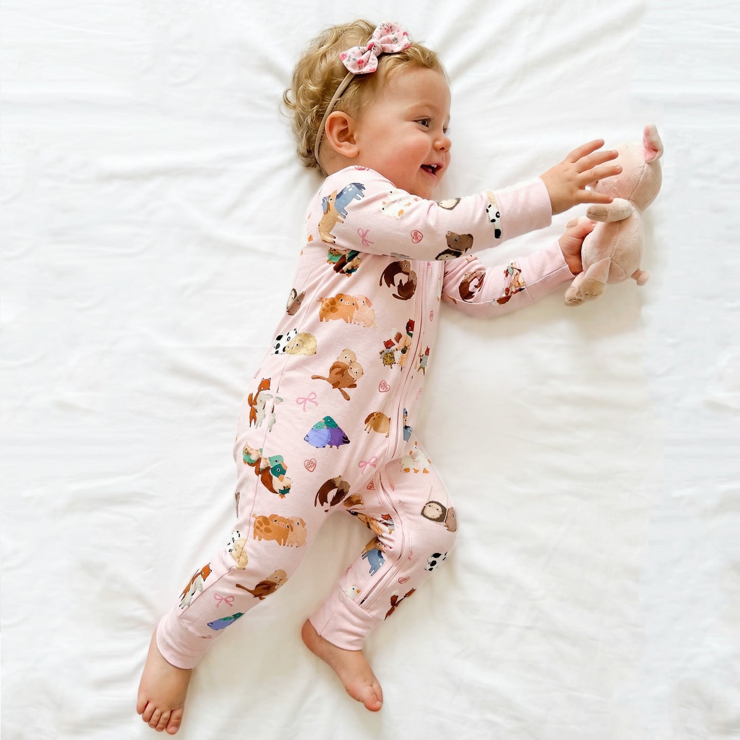 Mother's Day Sweet Farm Friends and Hearts Bows Baby Bamboo Zipper Pajama Romper