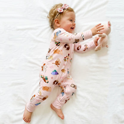 Mother's Day Sweet Farm Friends and Hearts Bows Baby Bamboo Zipper Pajama Romper