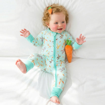 Easter Hoppy Bunny Carrot Parade Green Baby Bamboo Zipper Pajama Romper