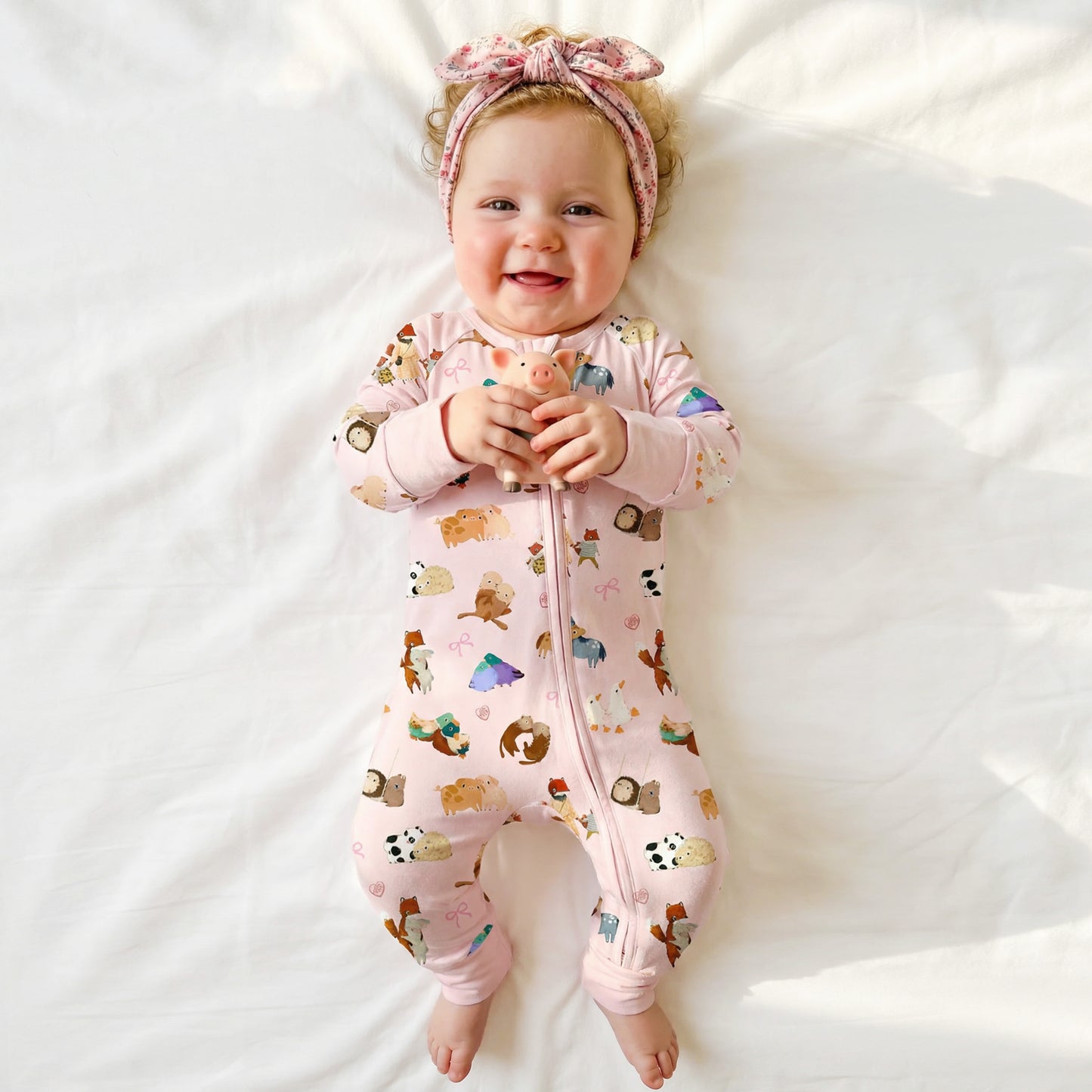 Mother's Day Sweet Farm Friends and Hearts Bows Baby Bamboo Zipper Pajama Romper