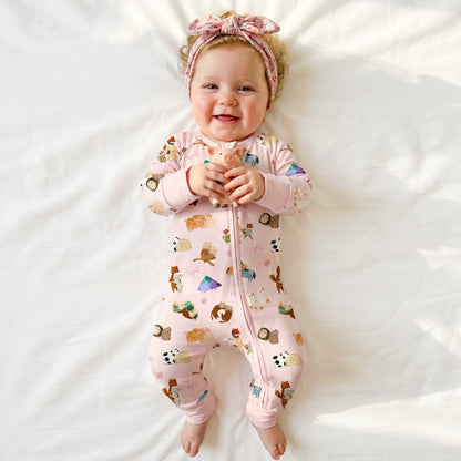 Mother's Day Sweet Farm Friends and Hearts Bows Baby Bamboo Zipper Pajama Romper