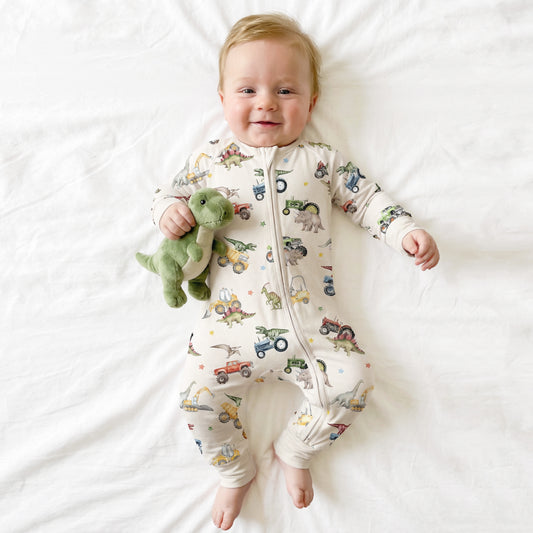 Dino Truck Adventure Ride and Stars Apricot Bamboo Zipper Romper Pajamas
