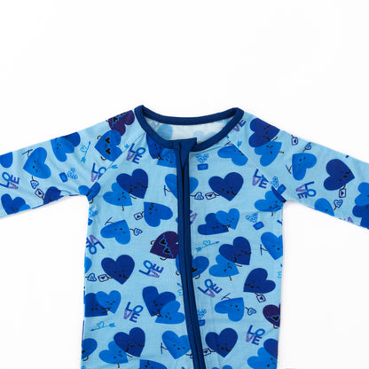 Blue Love and Heart Hugs Bamboo Zipper Romper Pajamas