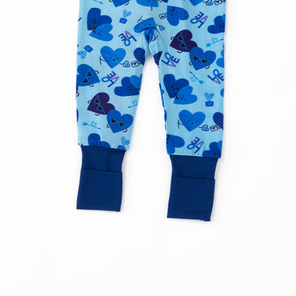 Blue Love and Heart Hugs Bamboo Zipper Romper Pajamas