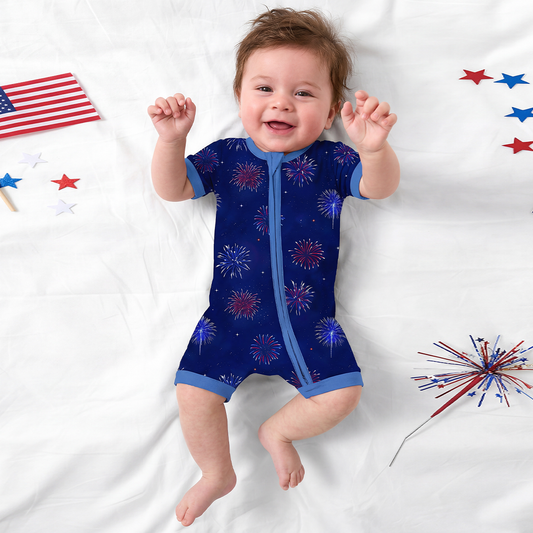 4th of July Colorful Firework Twinkle Stars Navy Short Bamboo Zippy Baby Romper