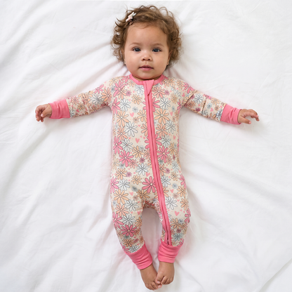 Baby Bamboo Zipper Pajama Romper Flower Pink