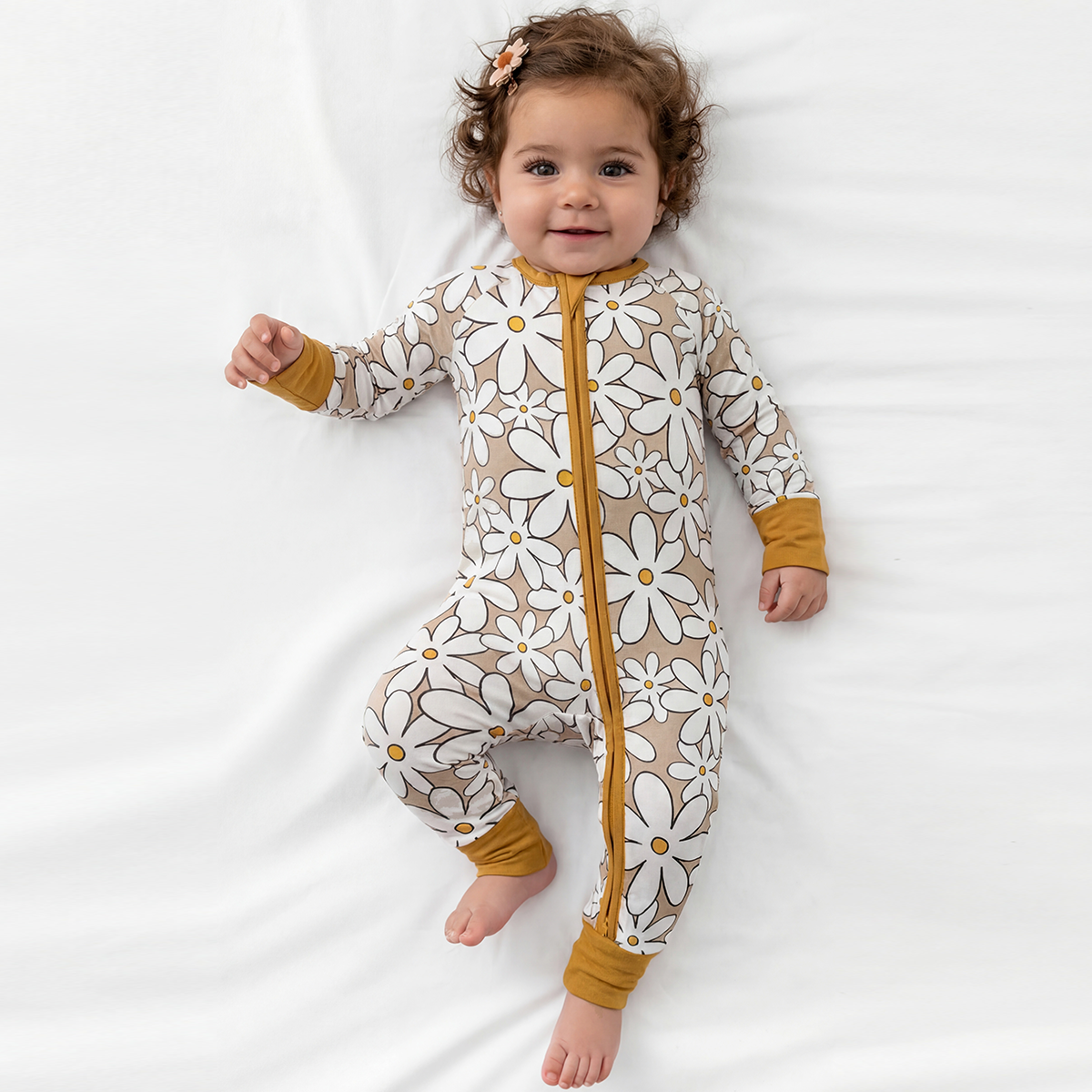 White Flower Bamboo Zipper Romper Pajamas