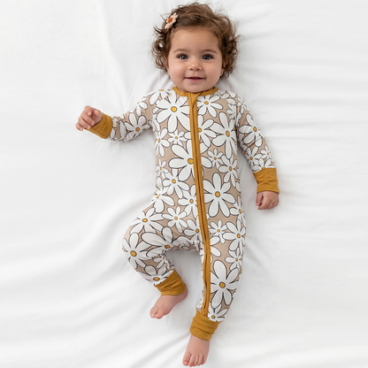 White Flower Bamboo Zipper Romper Pajamas